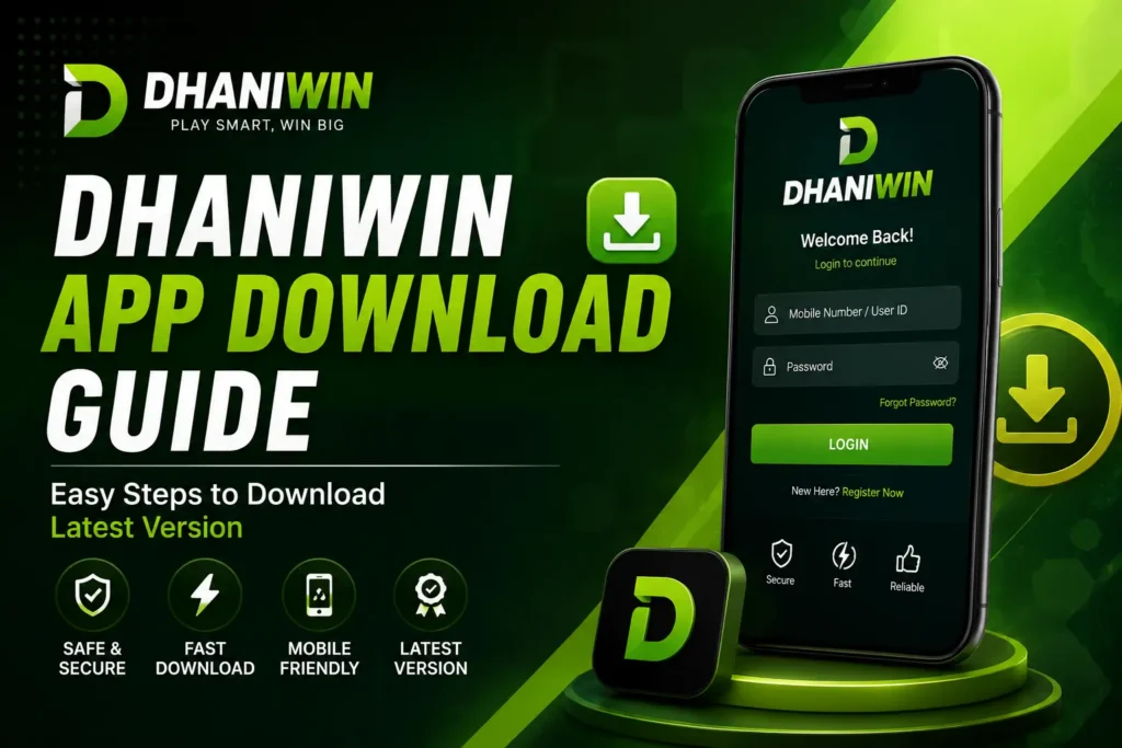 Dhaniwin app download guide feature image showing mobile app interface and latest version installation steps